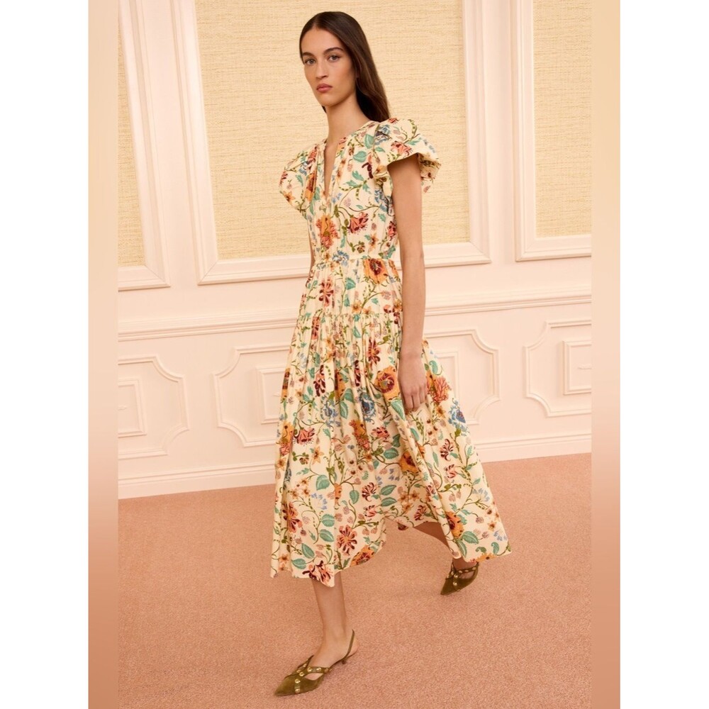 New ULLA JOHNSON Marin Cotton Floral Multicolor Pleated Ruffle-Sleeve Midi Dress
